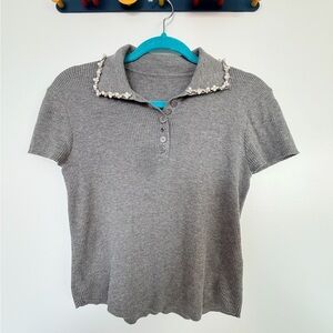 Gray Ribbed Polo Top with Embellished Collar